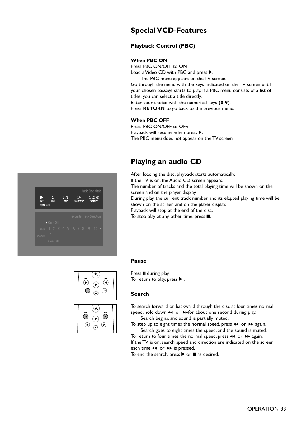 Special vcd-features, Playing an audio cd | Philips DVD865 User Manual | Page 33 / 38