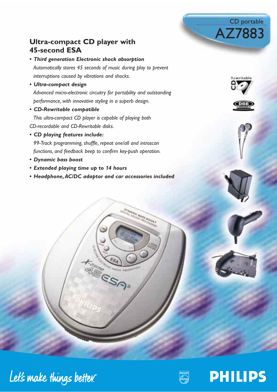 Az7883, Ultra-compact cd player with 45-second esa | Philips X-TREME 45 ESA AZ7881 User Manual | Page 5 / 8