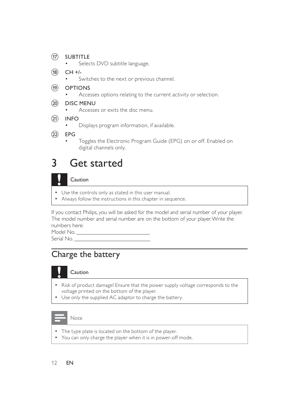 3get started, Charge the battery | Philips PET946/12 User Manual | Page 11 / 22