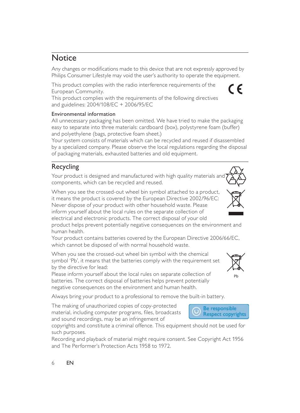 Notice, Recycling | Philips PET946/12 User Manual | Page 5 / 22
