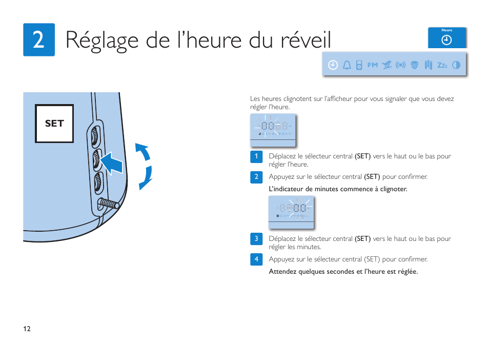 Réglage de l’heure du réveil 2 | Philips HF3490 User Manual | Page 12 / 28