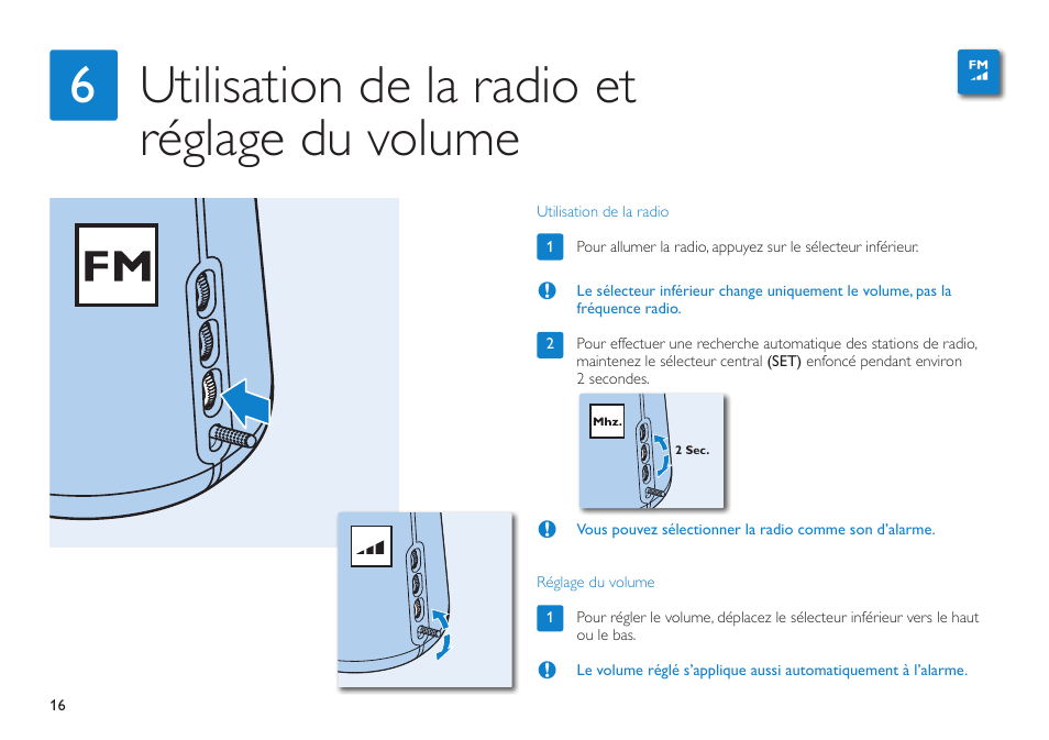 Utilisation de la radio et réglage du volume 6 | Philips HF3490 User Manual | Page 16 / 28