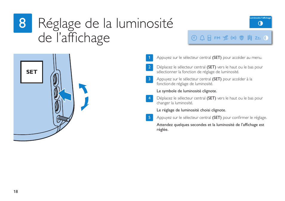 Réglage de la luminosité de l’affichage 8 | Philips HF3490 User Manual | Page 18 / 28