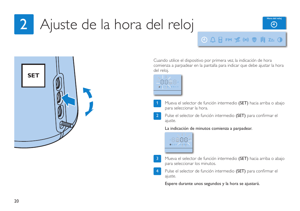 Ajuste de la hora del reloj 2 | Philips HF3490 User Manual | Page 20 / 28