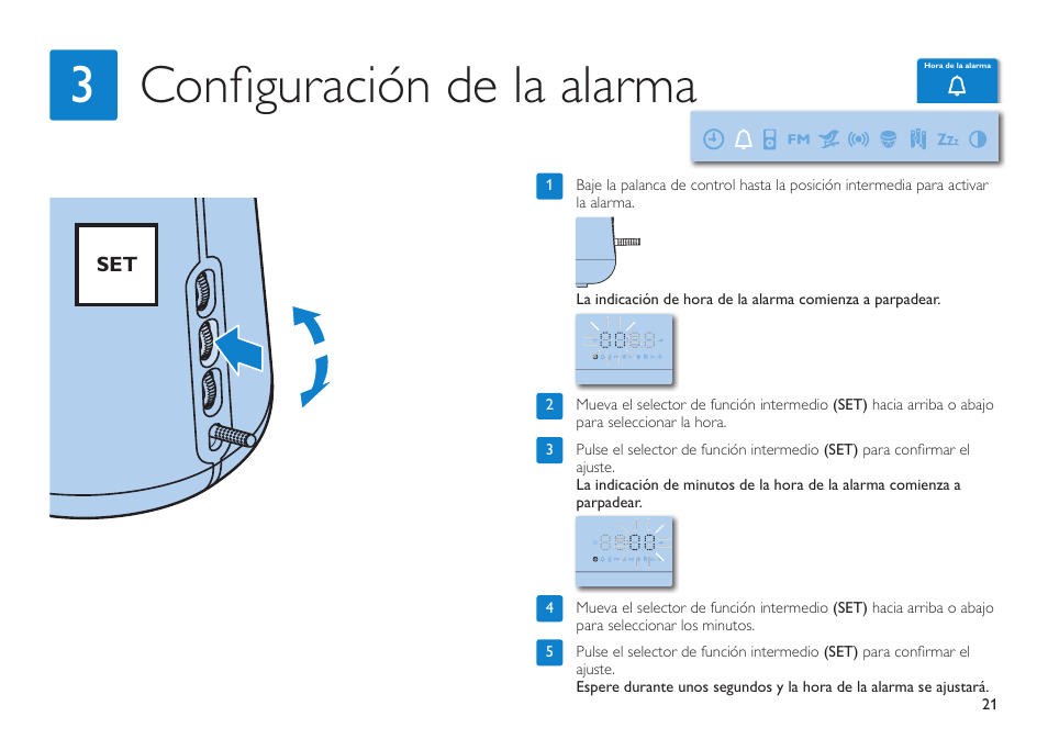 Configuración de la alarma 3 | Philips HF3490 User Manual | Page 21 / 28