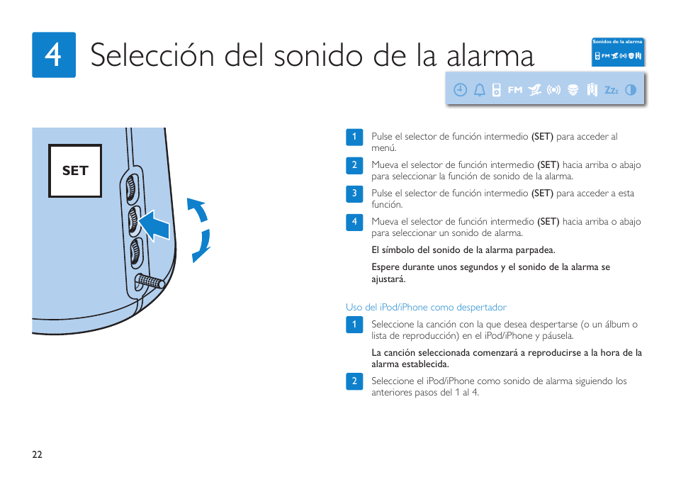 Selección del sonido de la alarma 4 | Philips HF3490 User Manual | Page 22 / 28