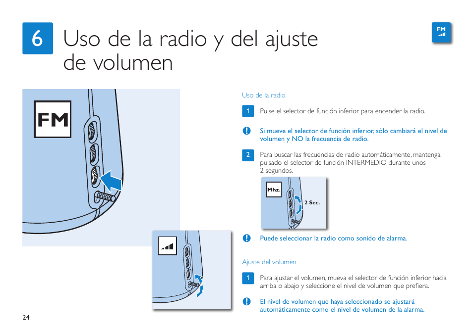 Uso de la radio y del ajuste de volumen 6 | Philips HF3490 User Manual | Page 24 / 28