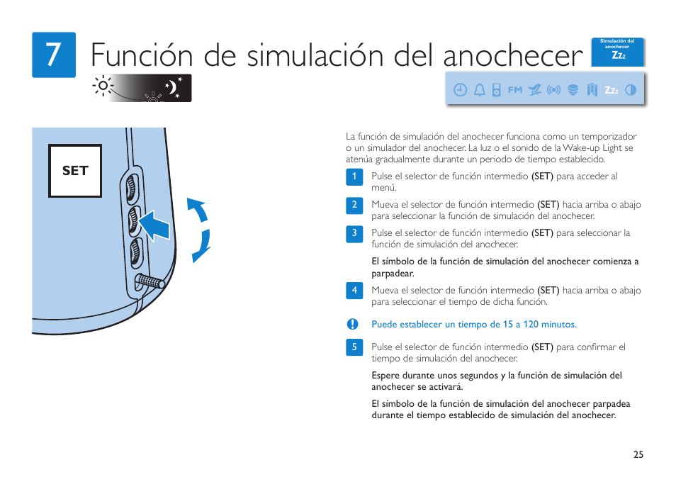 Función de simulación del anochecer 7 | Philips HF3490 User Manual | Page 25 / 28