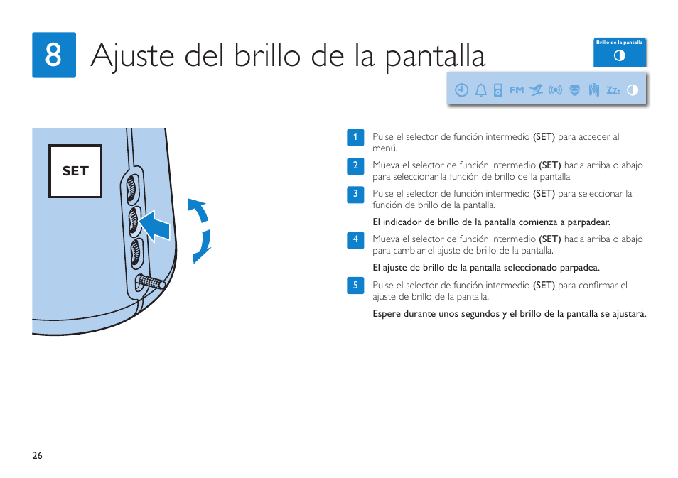 Ajuste del brillo de la pantalla 8 | Philips HF3490 User Manual | Page 26 / 28