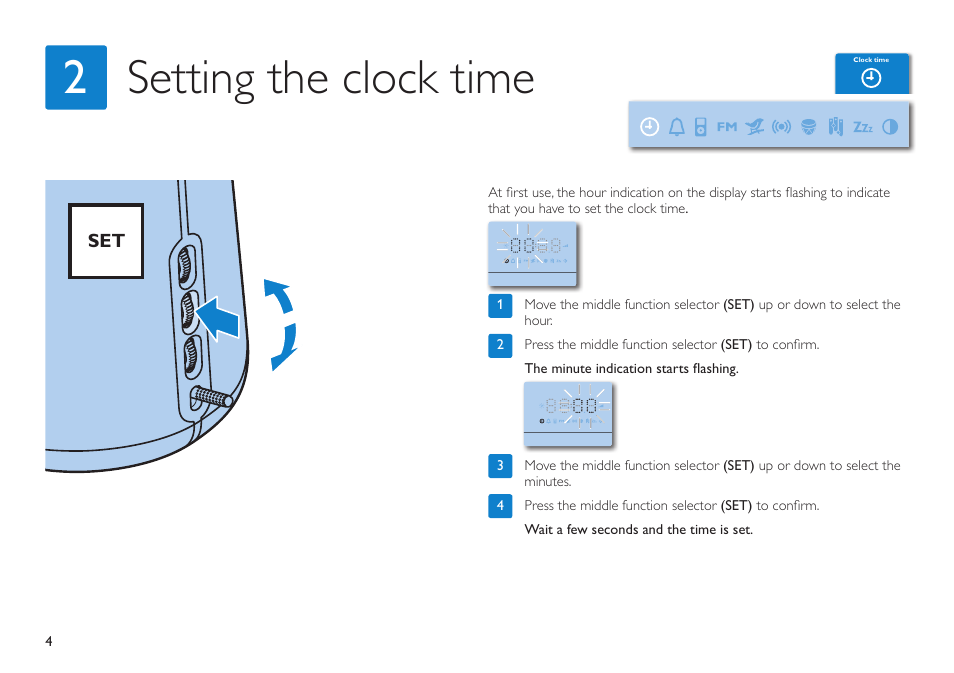 Setting the clock time 2 | Philips HF3490 User Manual | Page 4 / 28