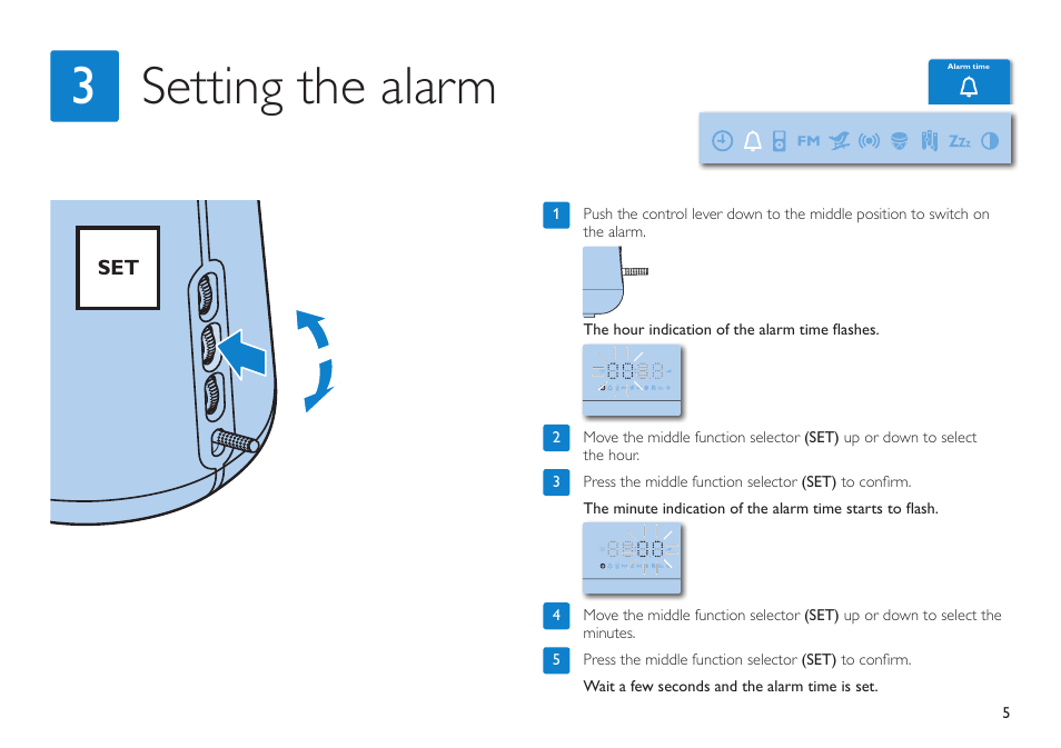 Setting the alarm 3 | Philips HF3490 User Manual | Page 5 / 28