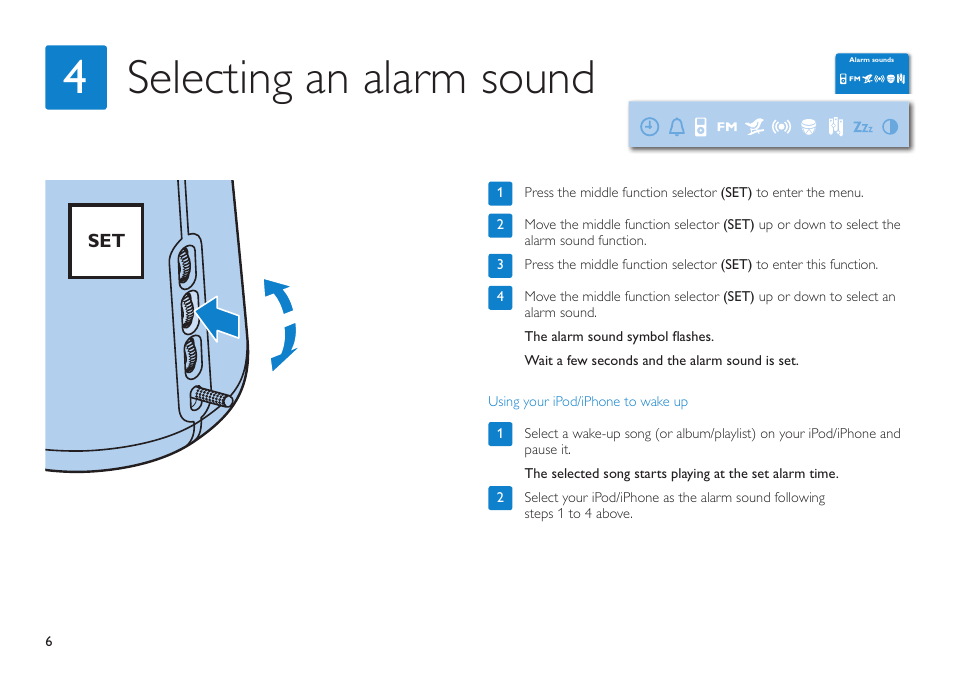 Selecting an alarm sound 4 | Philips HF3490 User Manual | Page 6 / 28