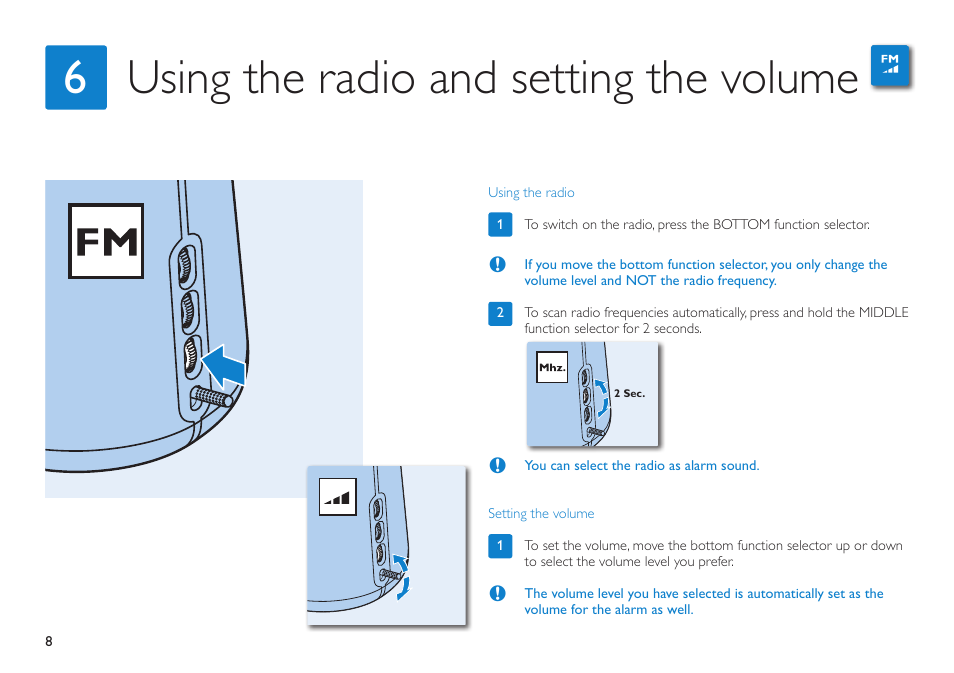 Using the radio and setting the volume 6, Quick start card | Philips HF3490 User Manual | Page 8 / 28