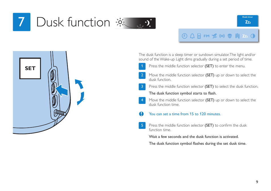 Dusk function 7 | Philips HF3490 User Manual | Page 9 / 28