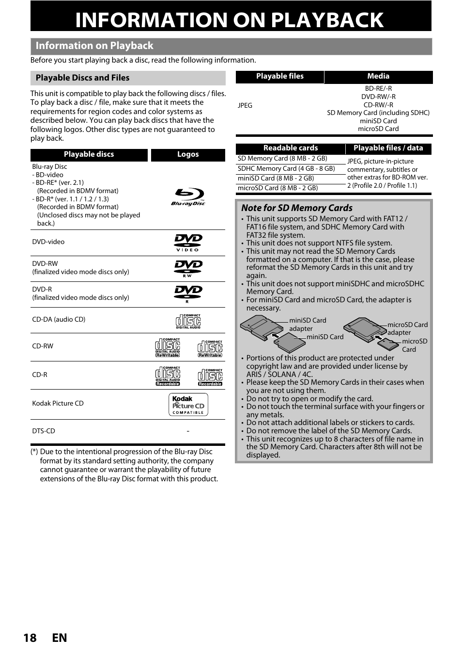 Playback, Information on playback, En 18 | Philips BDP3010 User Manual | Page 18 / 52