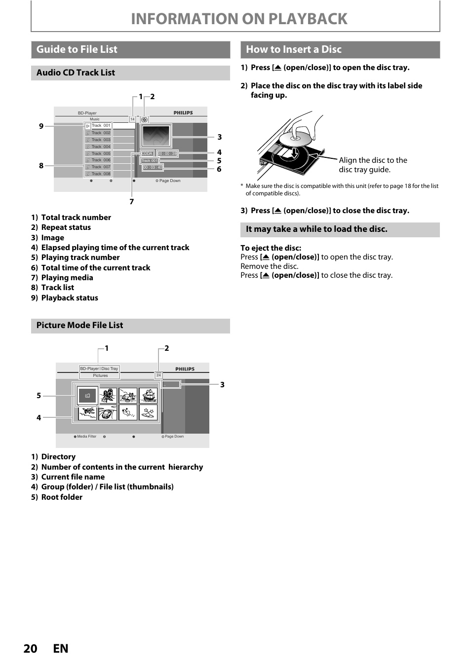 Guide to file list how to insert a disc, Information on playback, Guide to file list | How to insert a disc, Audio cd track list picture mode file list, It may take a while to load the disc | Philips BDP3010 User Manual | Page 20 / 52