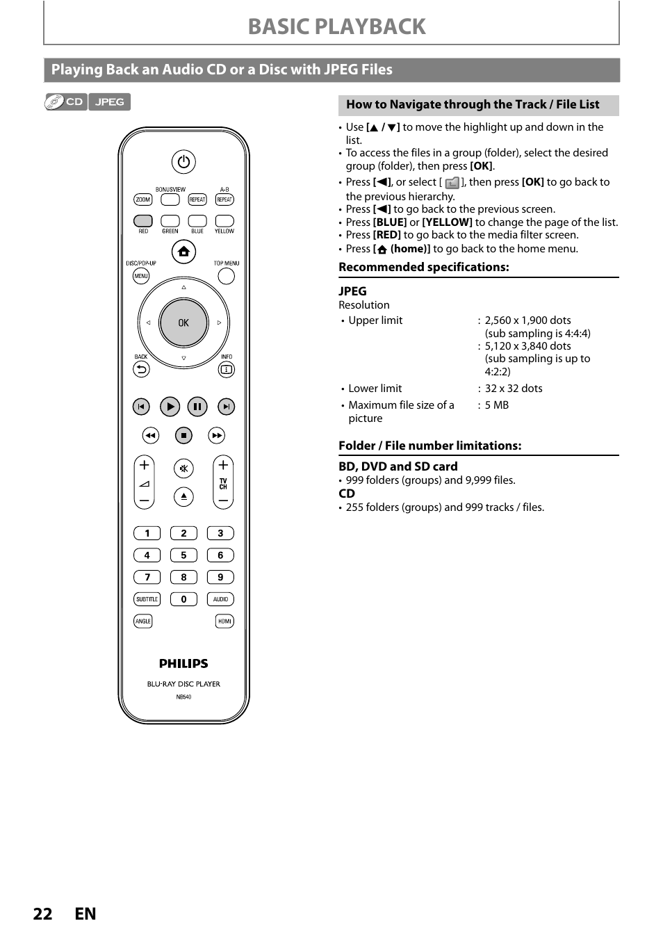 Playing back an audio cd or, A disc with jpeg files, Basic playback | Playing back an audio cd or a disc with jpeg files | Philips BDP3010 User Manual | Page 22 / 52