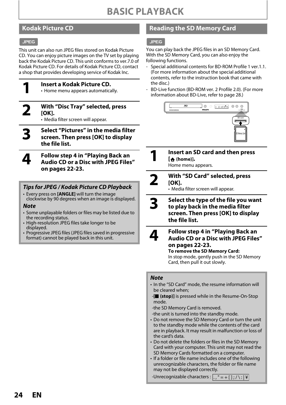 Kodak picture cd reading the sd memory card, Basic playback | Philips BDP3010 User Manual | Page 24 / 52