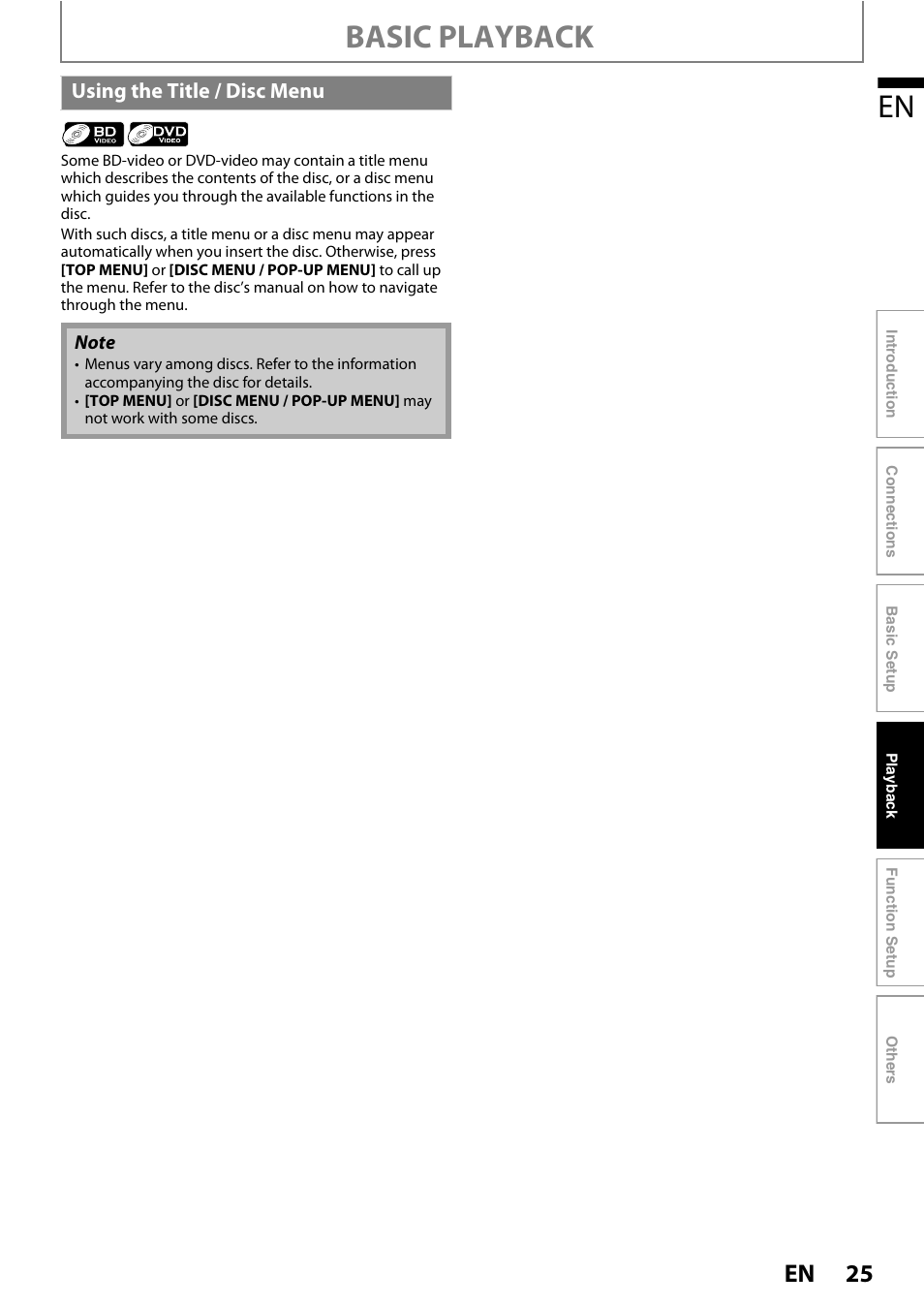 Using the title / disc menu, Basic playback | Philips BDP3010 User Manual | Page 25 / 52