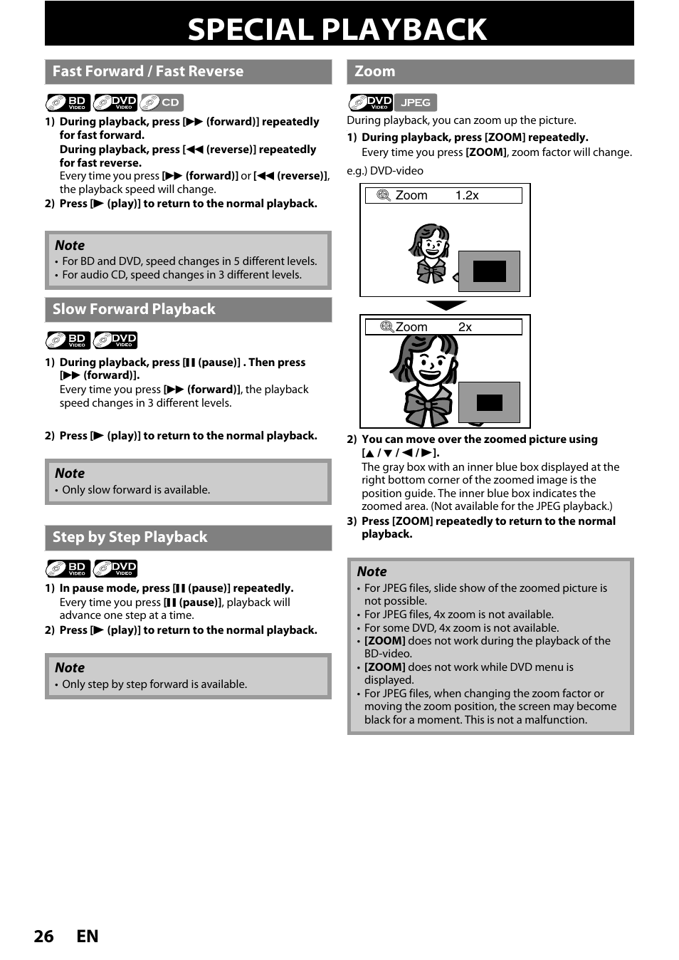 Special playback, En 26, Fast forward / fast reverse | Slow forward playback, Step by step playback, Zoom | Philips BDP3010 User Manual | Page 26 / 52