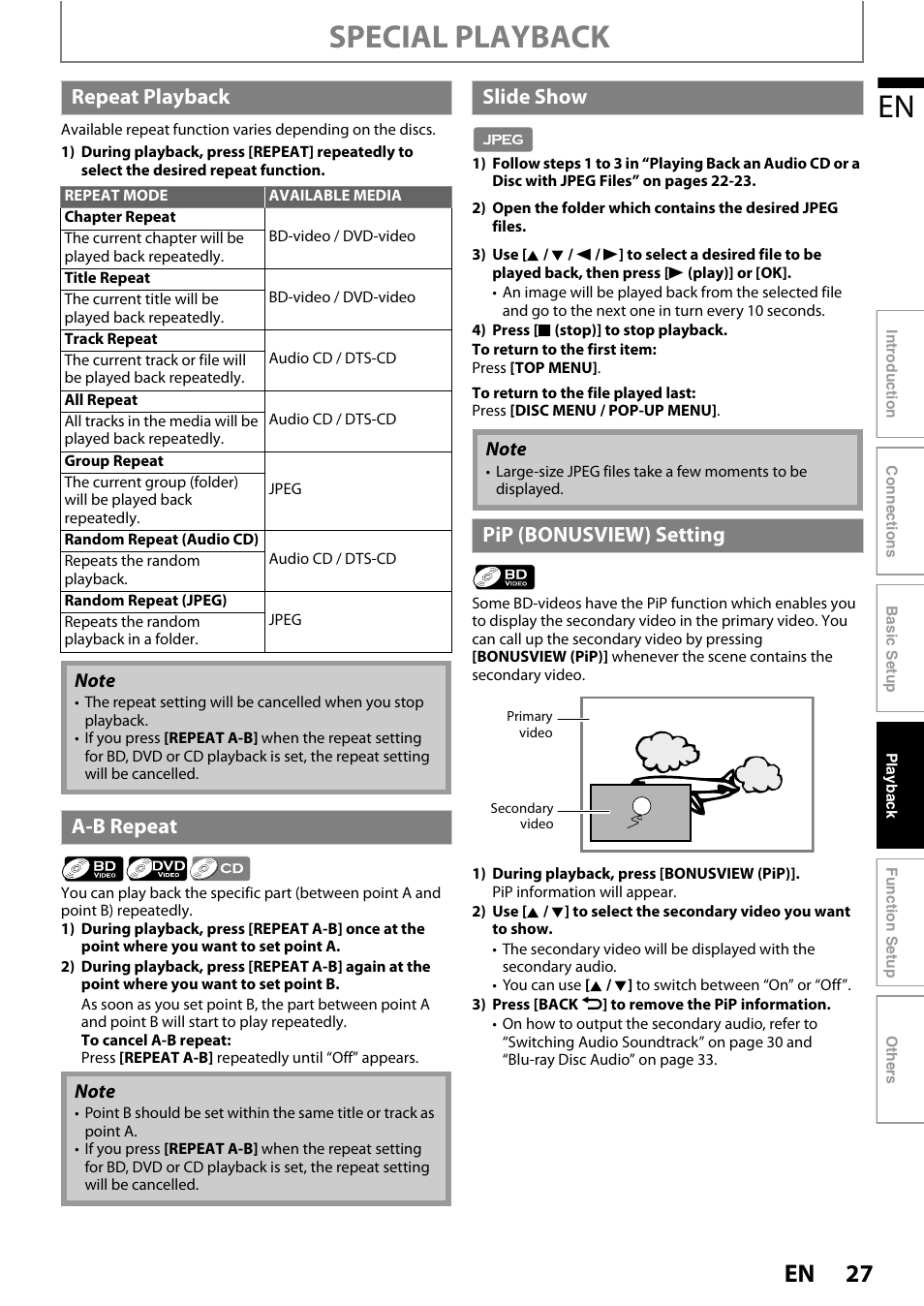 Special playback, Repeat playback, A-b repeat | Slide show, Pip (bonusview) setting | Philips BDP3010 User Manual | Page 27 / 52