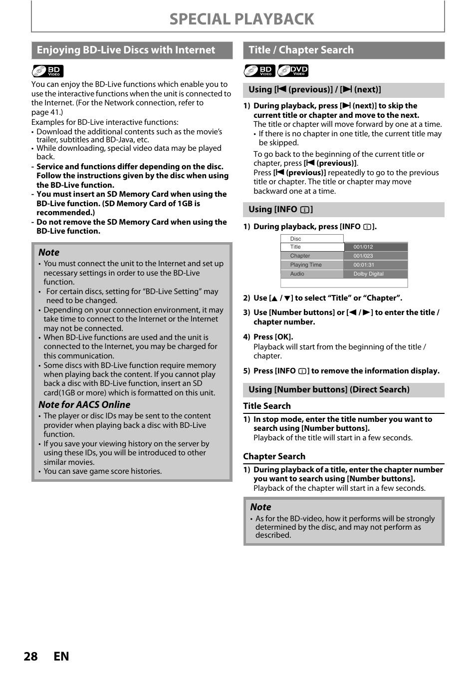 Special playback, Enjoying bd-live d iscs with internet, Title / chapter search | Philips BDP3010 User Manual | Page 28 / 52