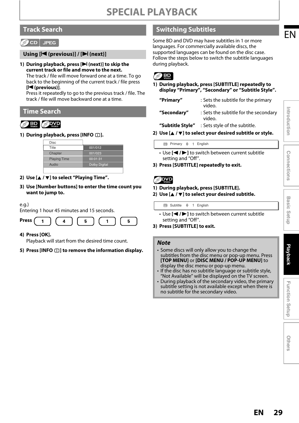 Track search time search switching subtitles, Special playback, Track search | Time search, Switching subtitles | Philips BDP3010 User Manual | Page 29 / 52