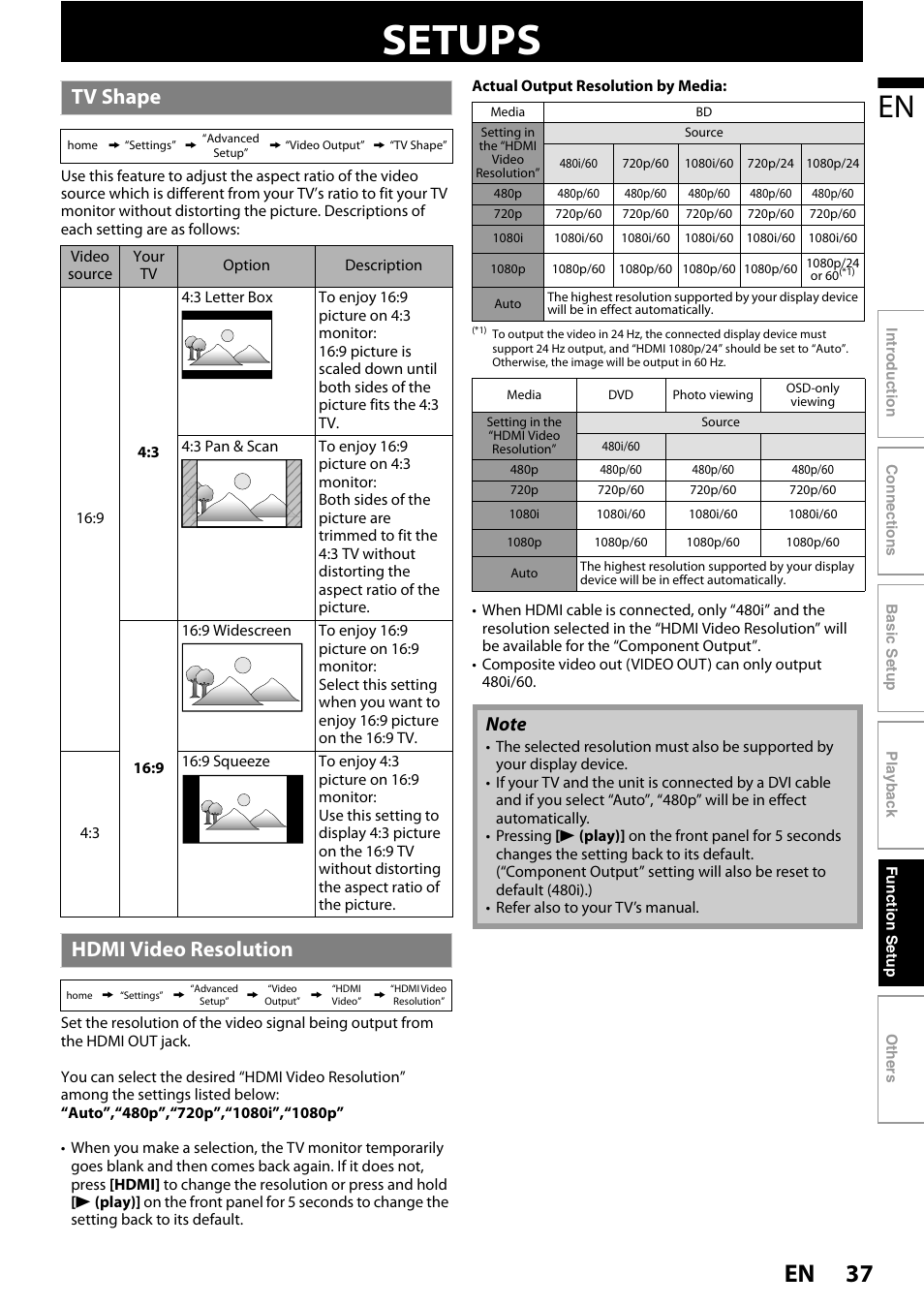 Setups, Tv shape hdmi video resolution, 37 en | Tv shape, Hdmi video resolution | Philips BDP3010 User Manual | Page 37 / 52