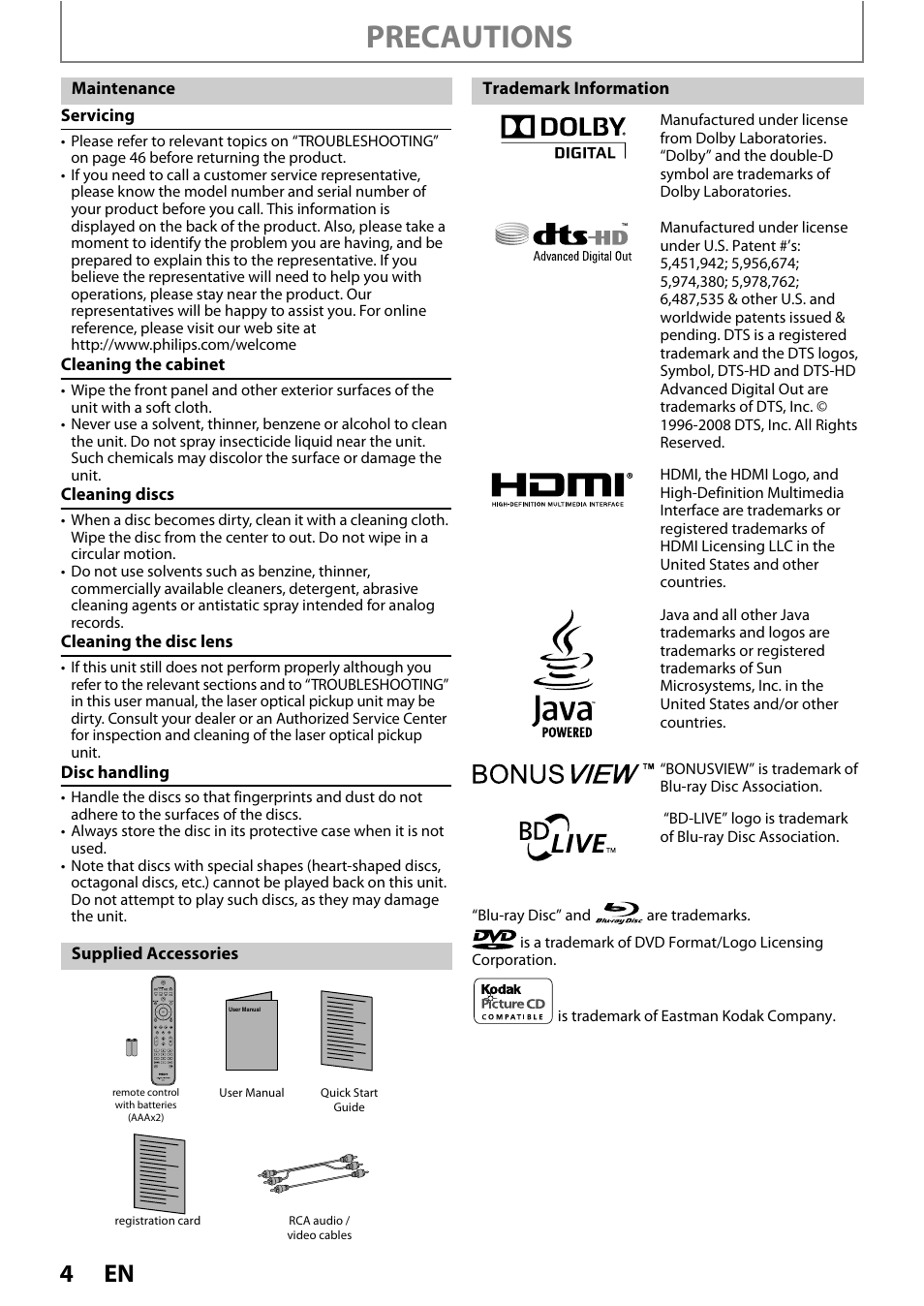 Precautions | Philips BDP3010 User Manual | Page 4 / 52