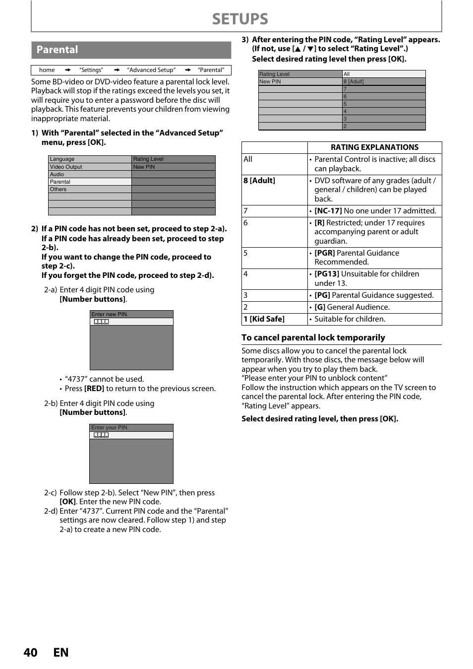 Parental, Setups | Philips BDP3010 User Manual | Page 40 / 52