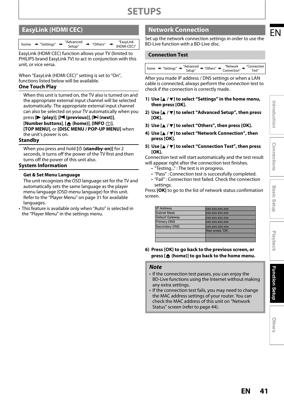 Easylink (hdmi cec) network connection, Setups, Easylink (hdmi cec) | Network connection | Philips BDP3010 User Manual | Page 41 / 52