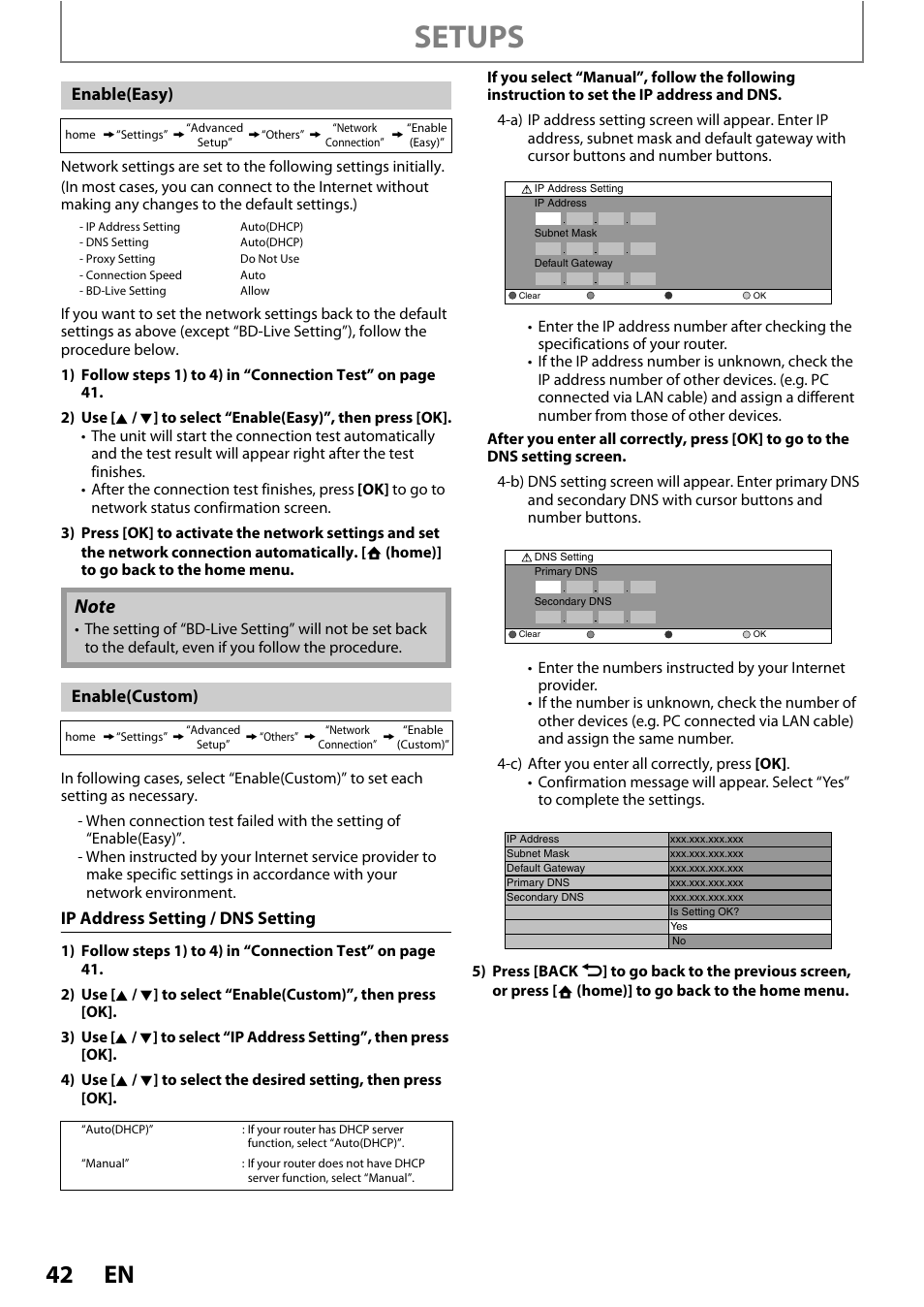 Setups, Ip address setting / dns setting, Enable(easy) | Enable(custom) | Philips BDP3010 User Manual | Page 42 / 52