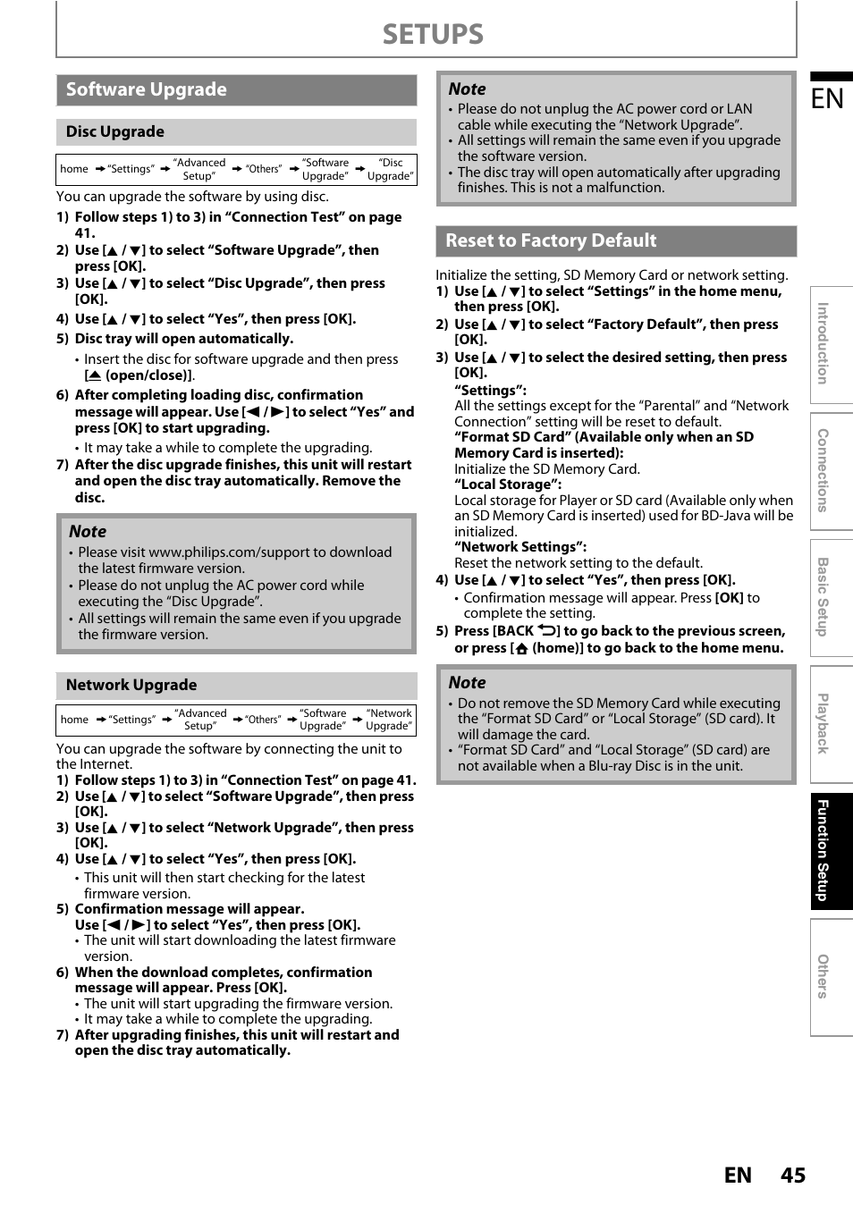 Software upgrade reset to factory default, Setups, Software upgrade | Reset to factory default | Philips BDP3010 User Manual | Page 45 / 52