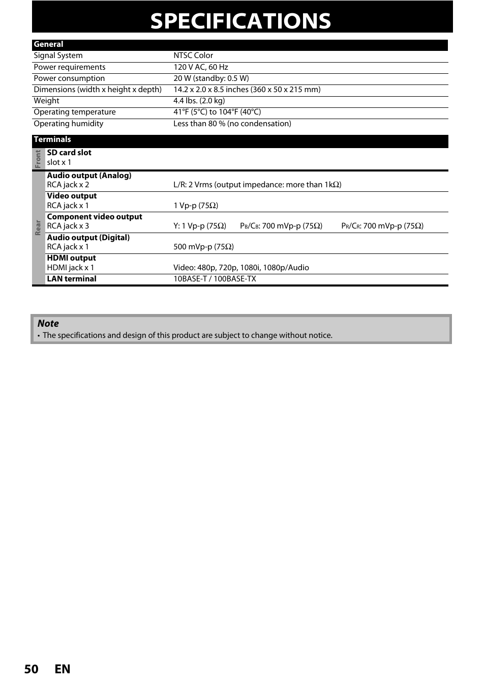 Specifications, En 50 | Philips BDP3010 User Manual | Page 50 / 52