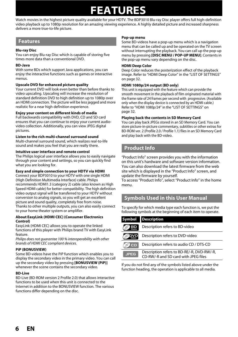 Features, En 6 | Philips BDP3010 User Manual | Page 6 / 52