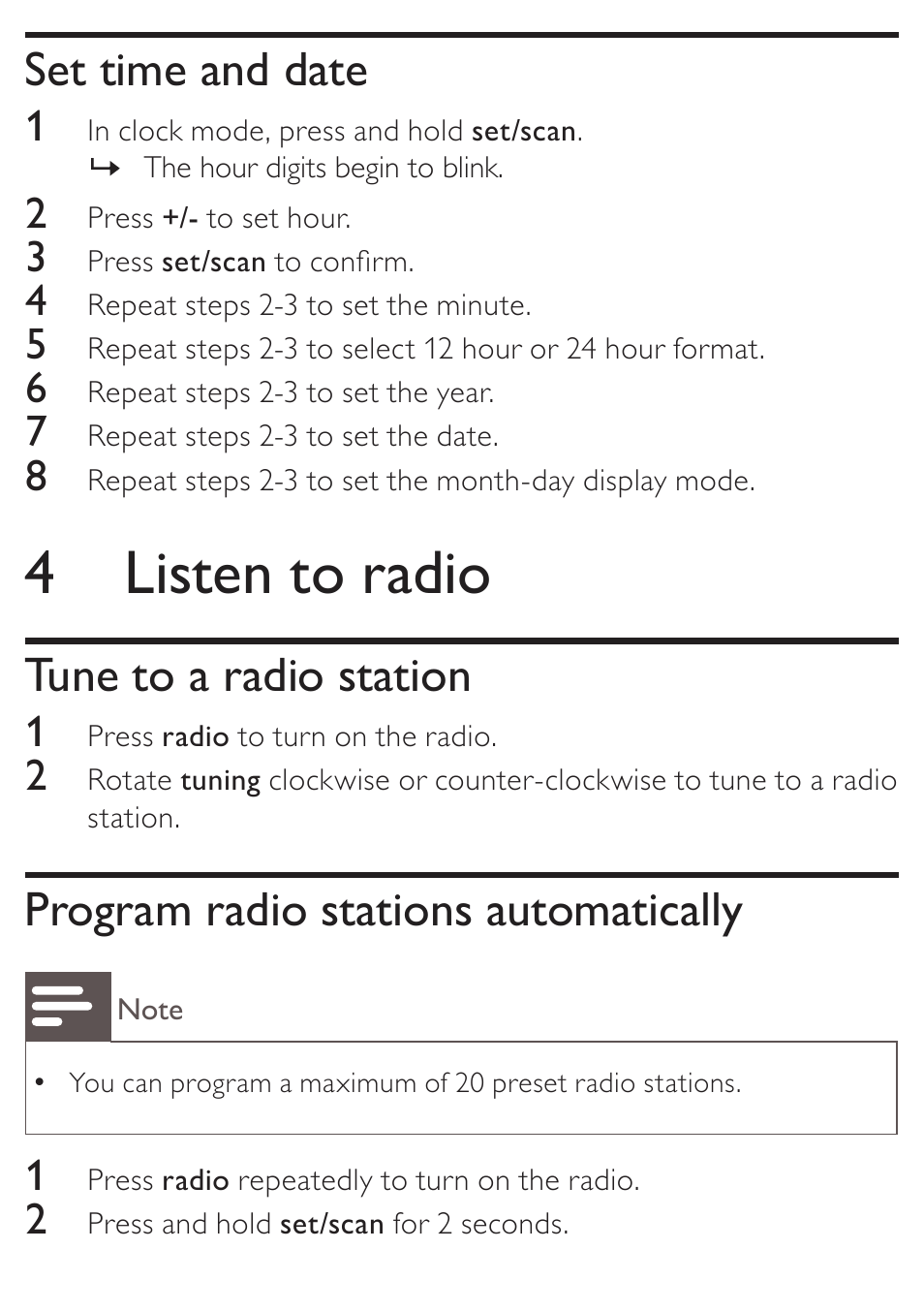 4 listen to radio, Set time and date, Tune to a radio station | Program radio stations automatically | Philips AJ3138 User Manual | Page 11 / 22