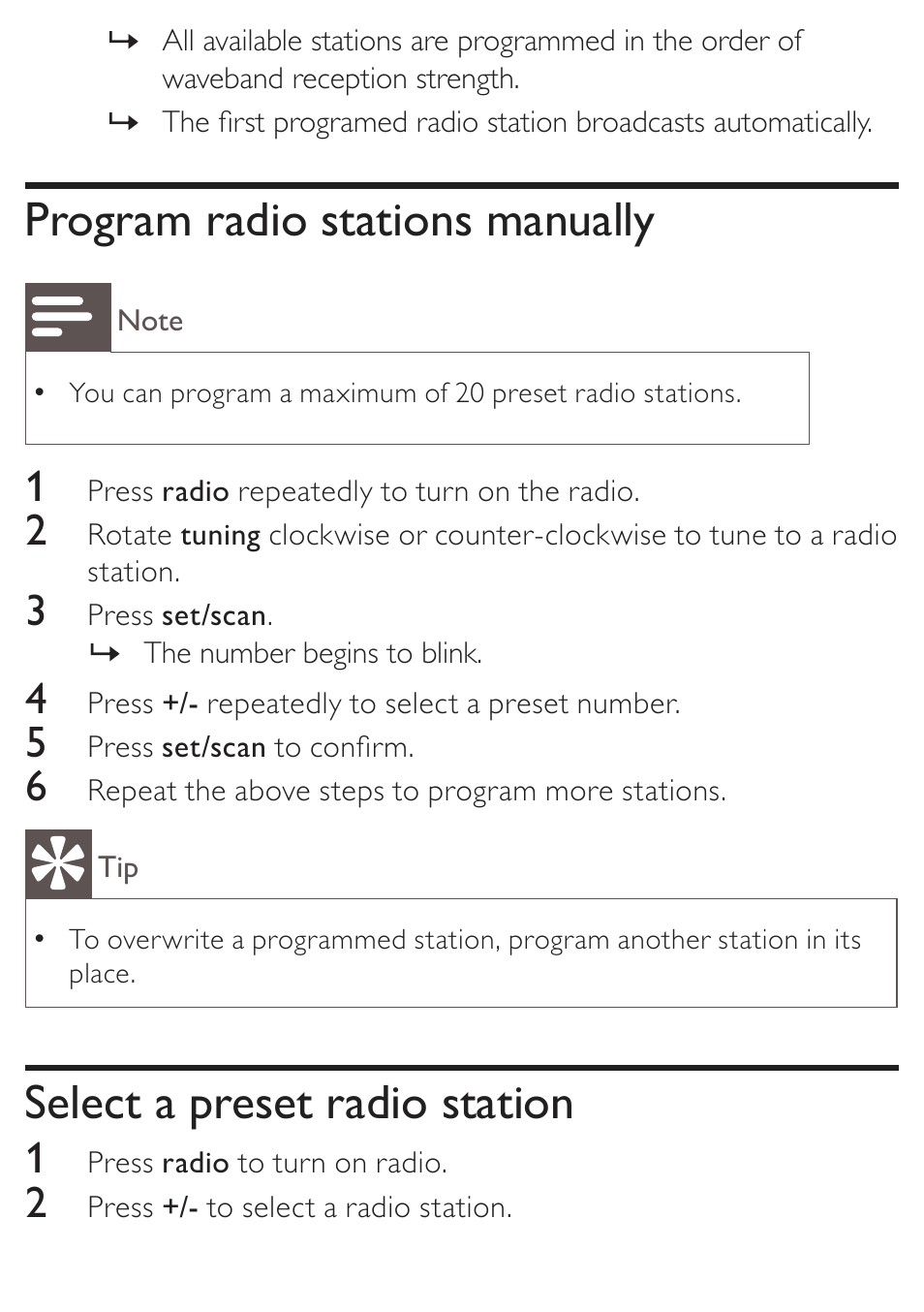 Program radio stations manually, Select a preset radio station | Philips AJ3138 User Manual | Page 12 / 22