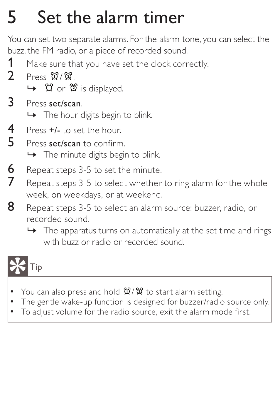 5 set the alarm timer | Philips AJ3138 User Manual | Page 13 / 22