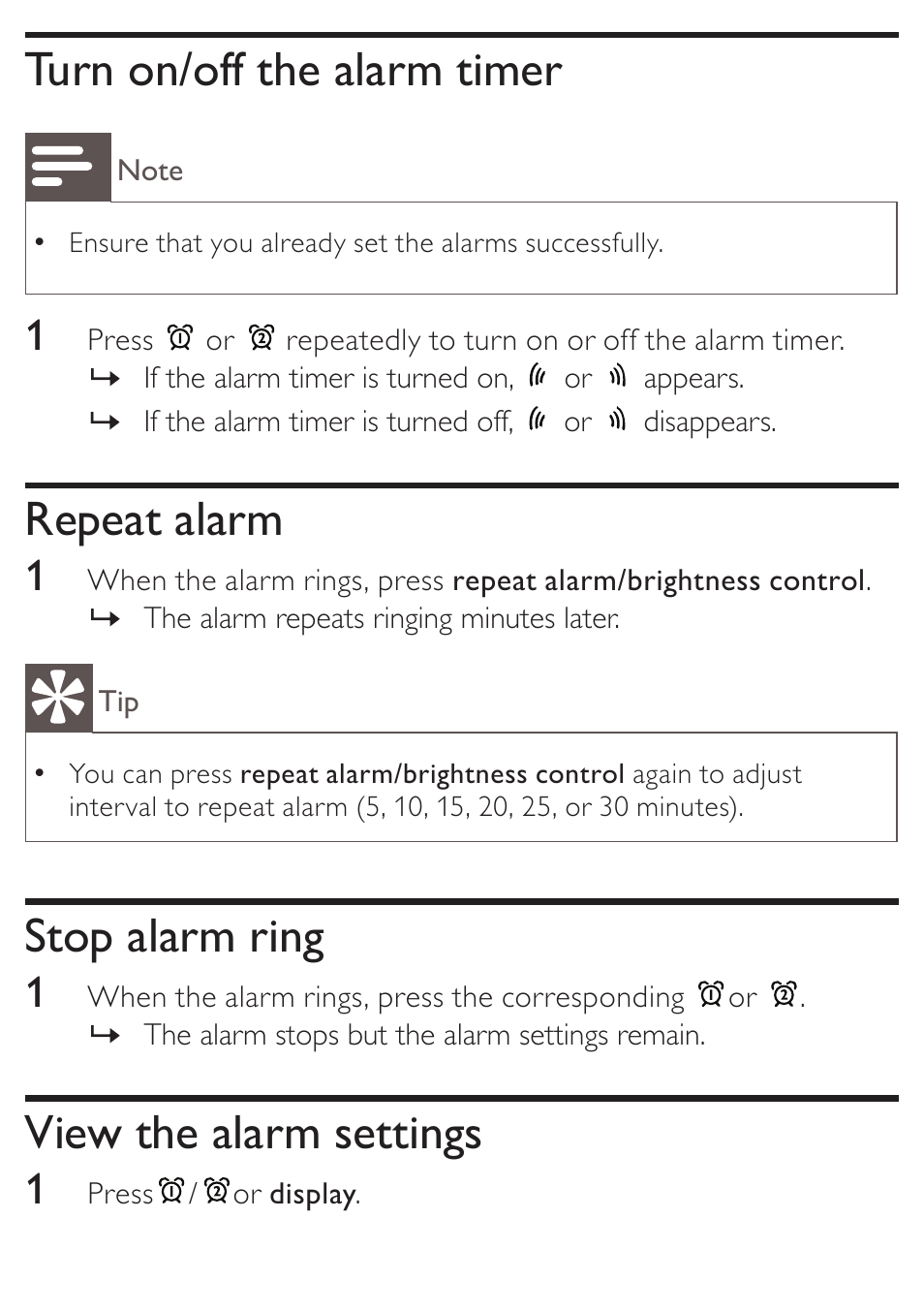 Turn on/off the alarm timer, Repeat alarm, Stop alarm ring | View the alarm settings | Philips AJ3138 User Manual | Page 14 / 22