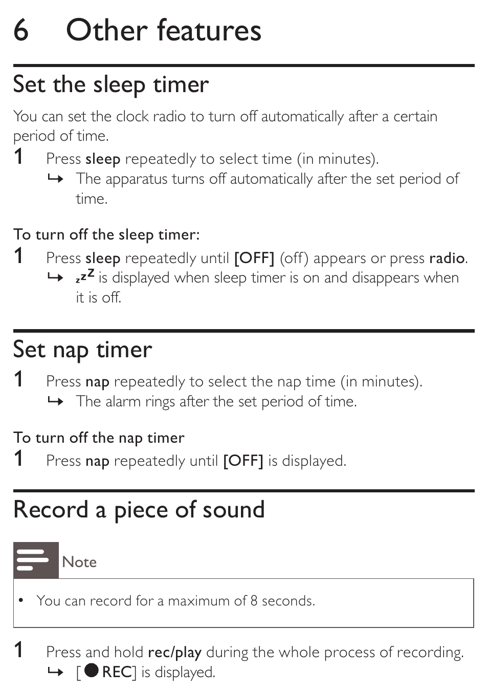 6 other features, Set the sleep timer, Set nap timer | Record a piece of sound | Philips AJ3138 User Manual | Page 15 / 22