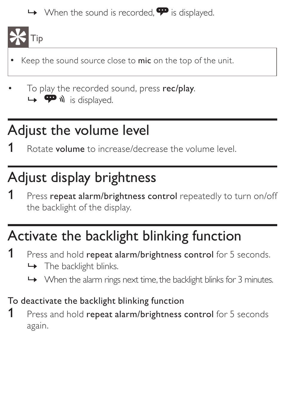 Adjust the volume level, Adjust display brightness, Activate the backlight blinking function | Philips AJ3138 User Manual | Page 16 / 22