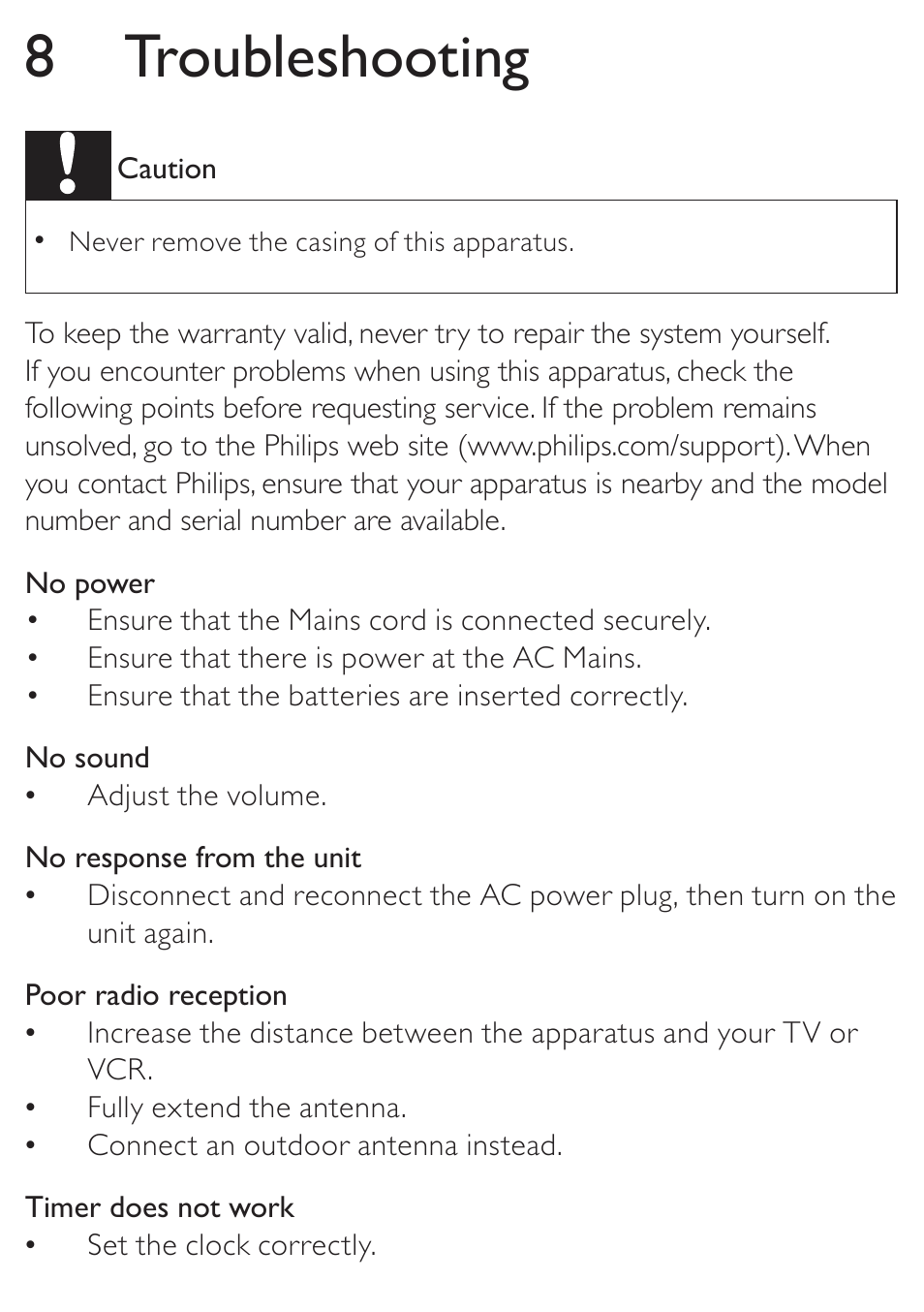 8 troubleshooting | Philips AJ3138 User Manual | Page 20 / 22