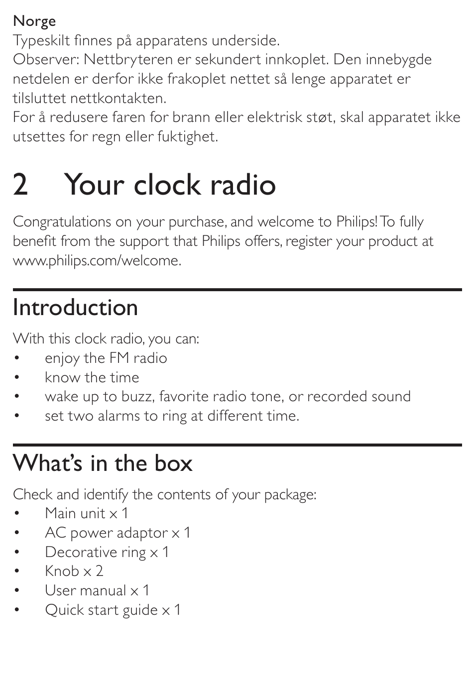 2 your clock radio, Introduction, What’s in the box | Philips AJ3138 User Manual | Page 6 / 22