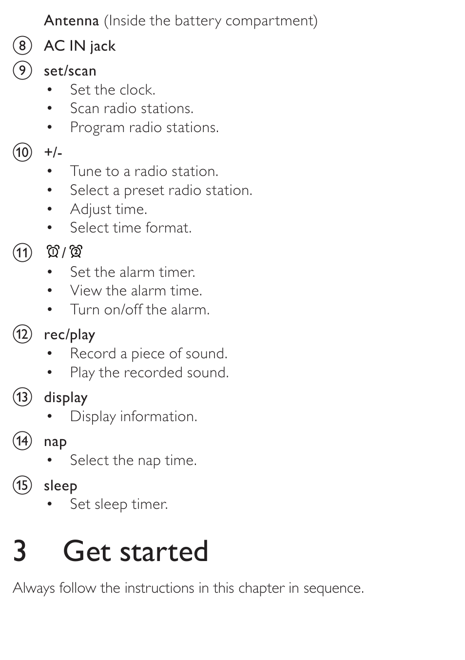 3 get started | Philips AJ3138 User Manual | Page 8 / 22