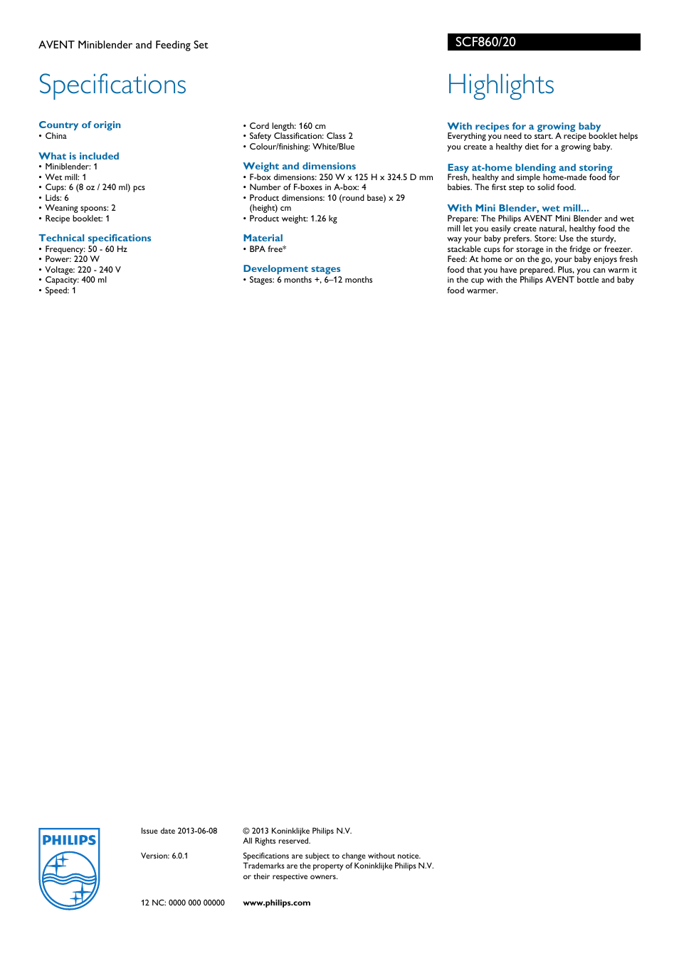 Specifications, Highlights | Philips AVENT SCF860 User Manual | Page 2 / 2