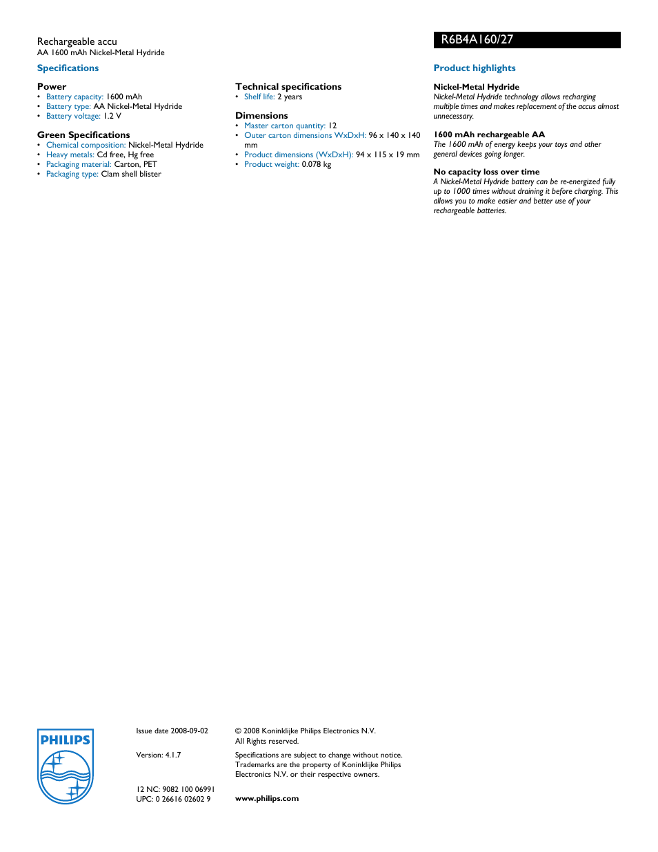 Philips Multilife R6B4A160 User Manual | Page 2 / 2