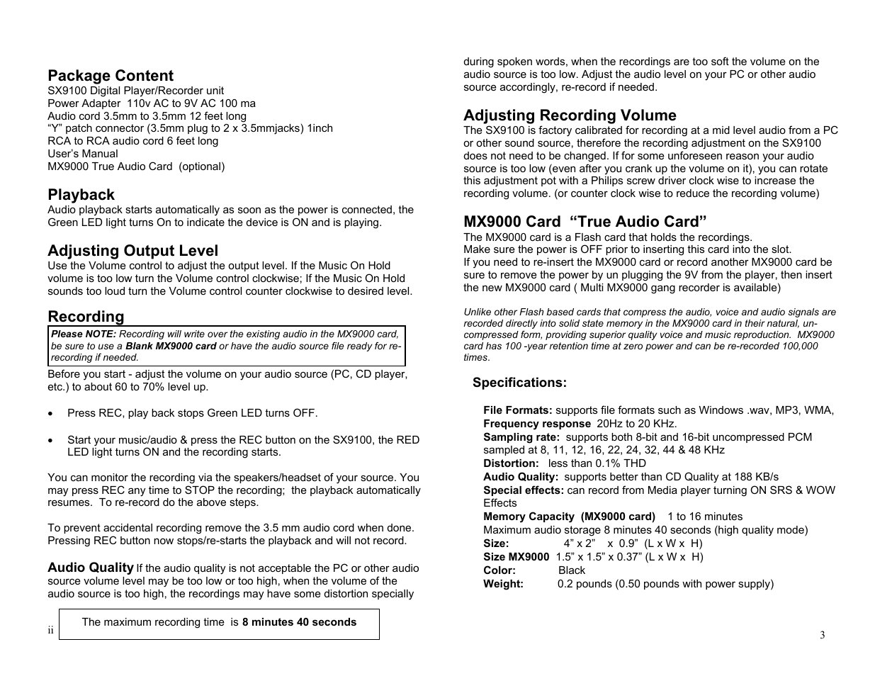 Package content, Playback, Adjusting output level | Recording, Adjusting recording volume, Mx9000 card “true audio card | Philips SX9100 User Manual | Page 2 / 2