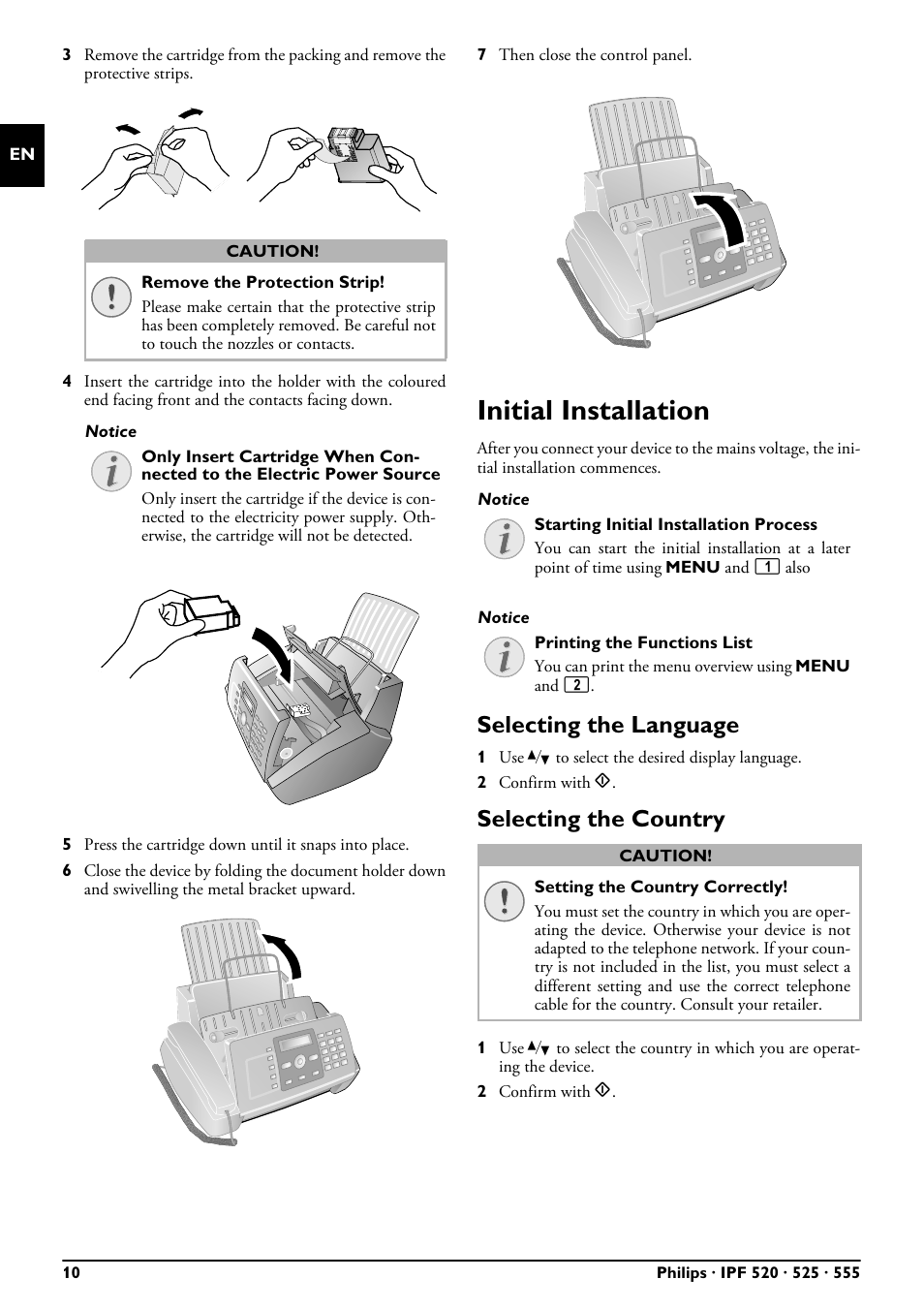 Initial installation, Selecting the language, Selecting the country | Philips FAXJET IPF525 User Manual | Page 10 / 44