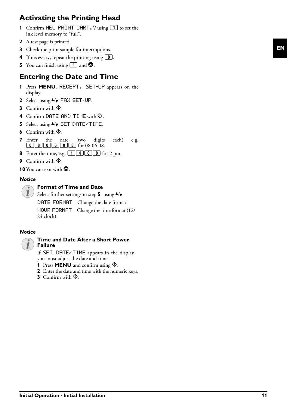 Activating the printing head, Entering the date and time | Philips FAXJET IPF525 User Manual | Page 11 / 44