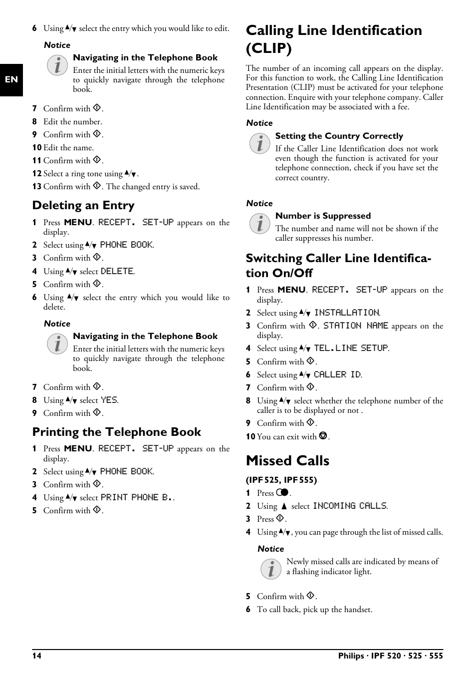 Deleting an entry, Printing the telephone book, Calling line identification (clip) | Switching caller line identification on/off, Missed calls, Calling line identification (clip) missed calls, Switching caller line identifica- tion on/off | Philips FAXJET IPF525 User Manual | Page 14 / 44